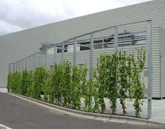La maglia del cavo di acciaio inossidabile è montata ad una struttura d'acciaio per creare una parete antivento verde lungo la strada.